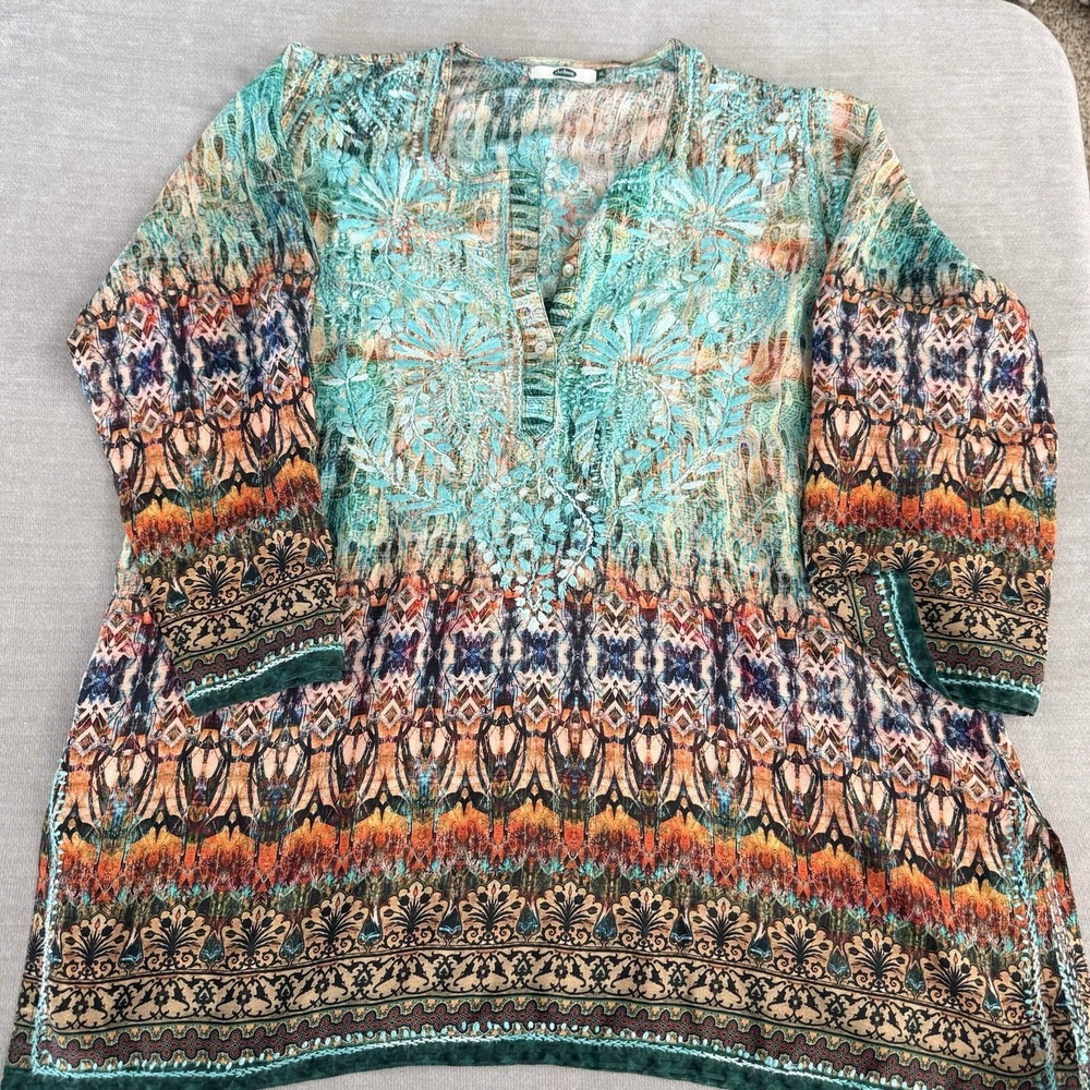 Dolma Womens XL Boho Tunic Top Embroidered Floral Ethnic Print Artsy